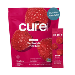 Cure Hydration frente del empaque mostrando 14 sobres y beneficio de portabilidad