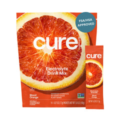 Cure Hydration vista frontal del empaque muestra 14 sobres y beneficio portátil
