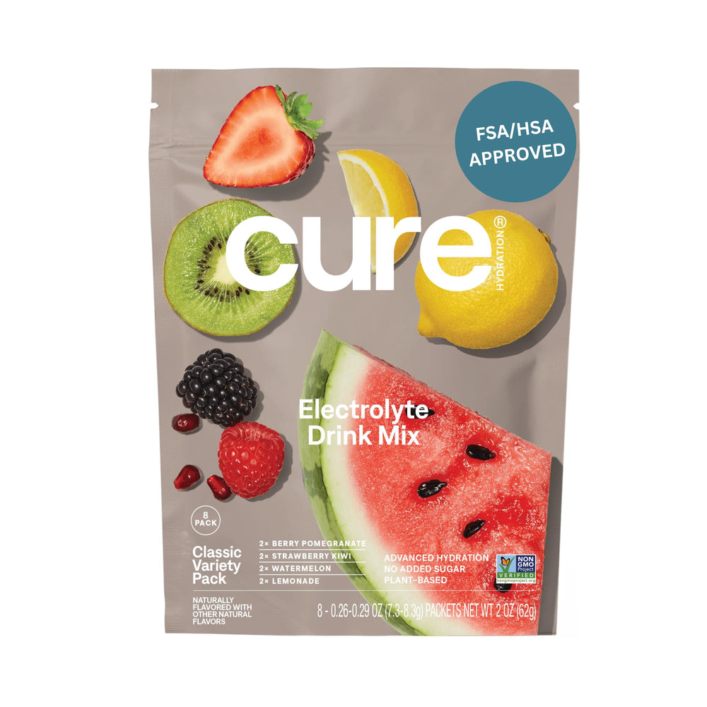 Cure Hydration frente del empaque mostrando 8 sobres y beneficios visibles
