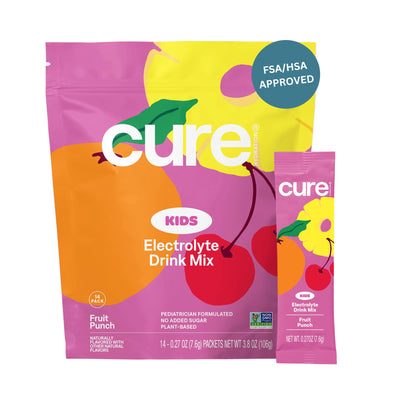 Cure Hydration frente del empaque mostrando caja de 14 sobres y beneficios