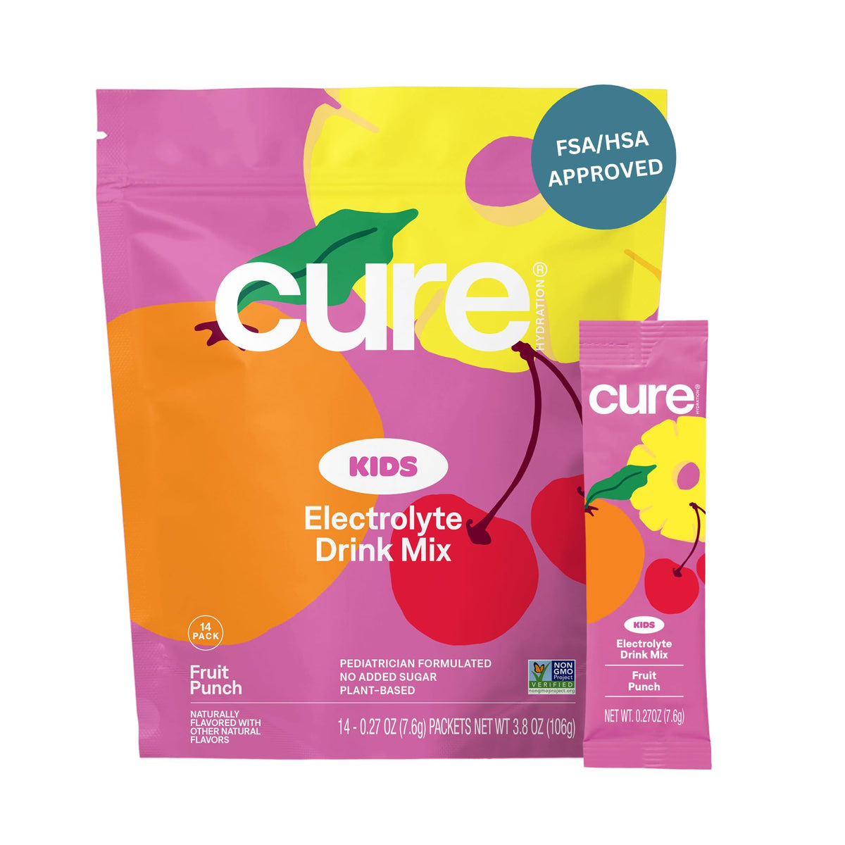 Cure Hydration frente del empaque mostrando caja de 14 sobres y beneficios