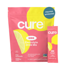 Cure Hydration frente del paquete mostrando 14 sobres y fácil transporte