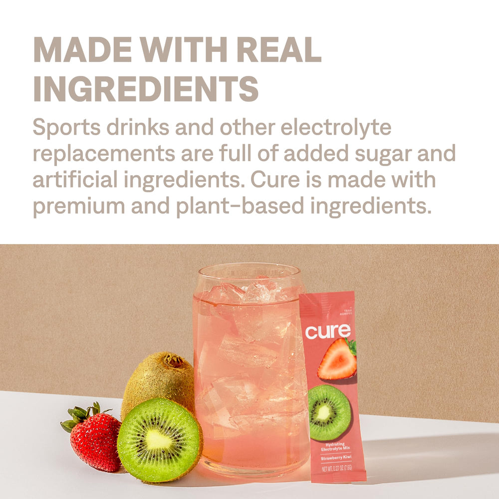 Cure Hydration ingredientes visibles agua de coco y frutas destacando origen vegetal