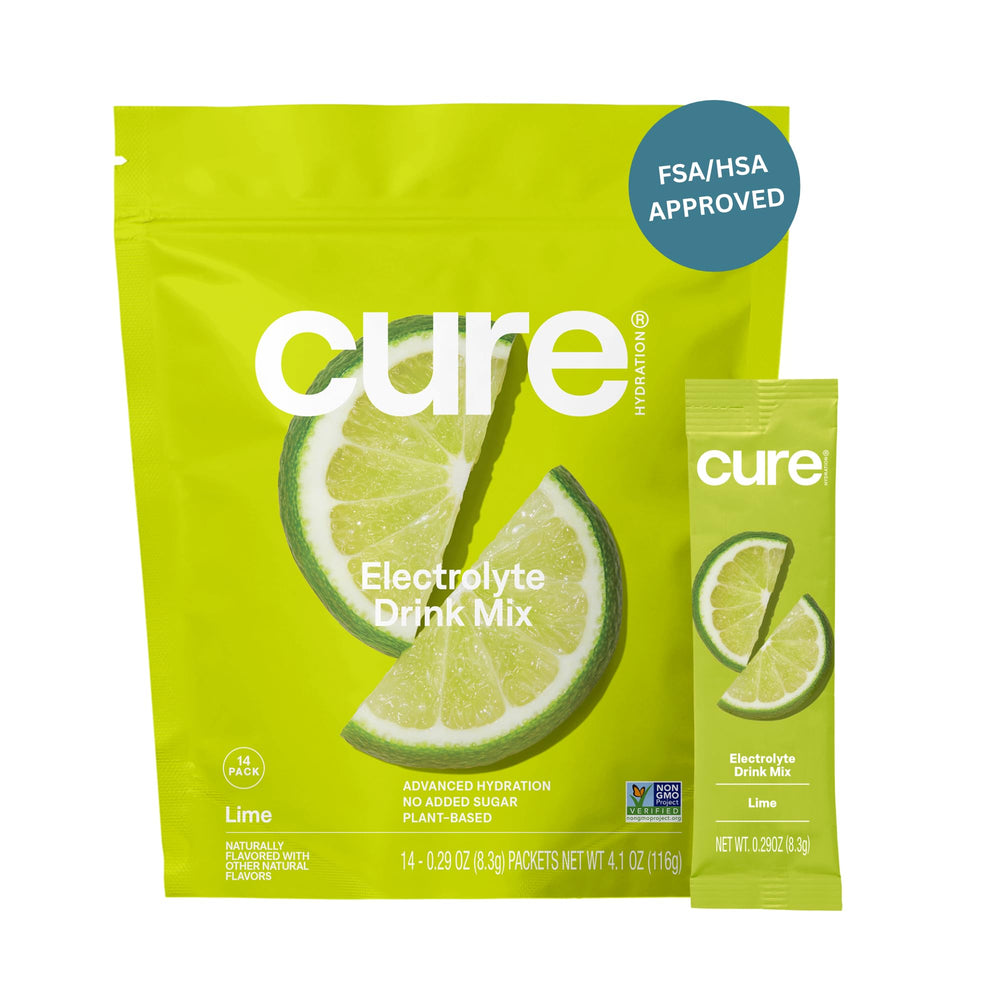 Cure Hydration empaque frontal lime mostrando presentación y beneficio de hidratación rápida