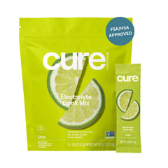 Cure Hydration empaque frontal lime mostrando presentación y beneficio de hidratación rápida