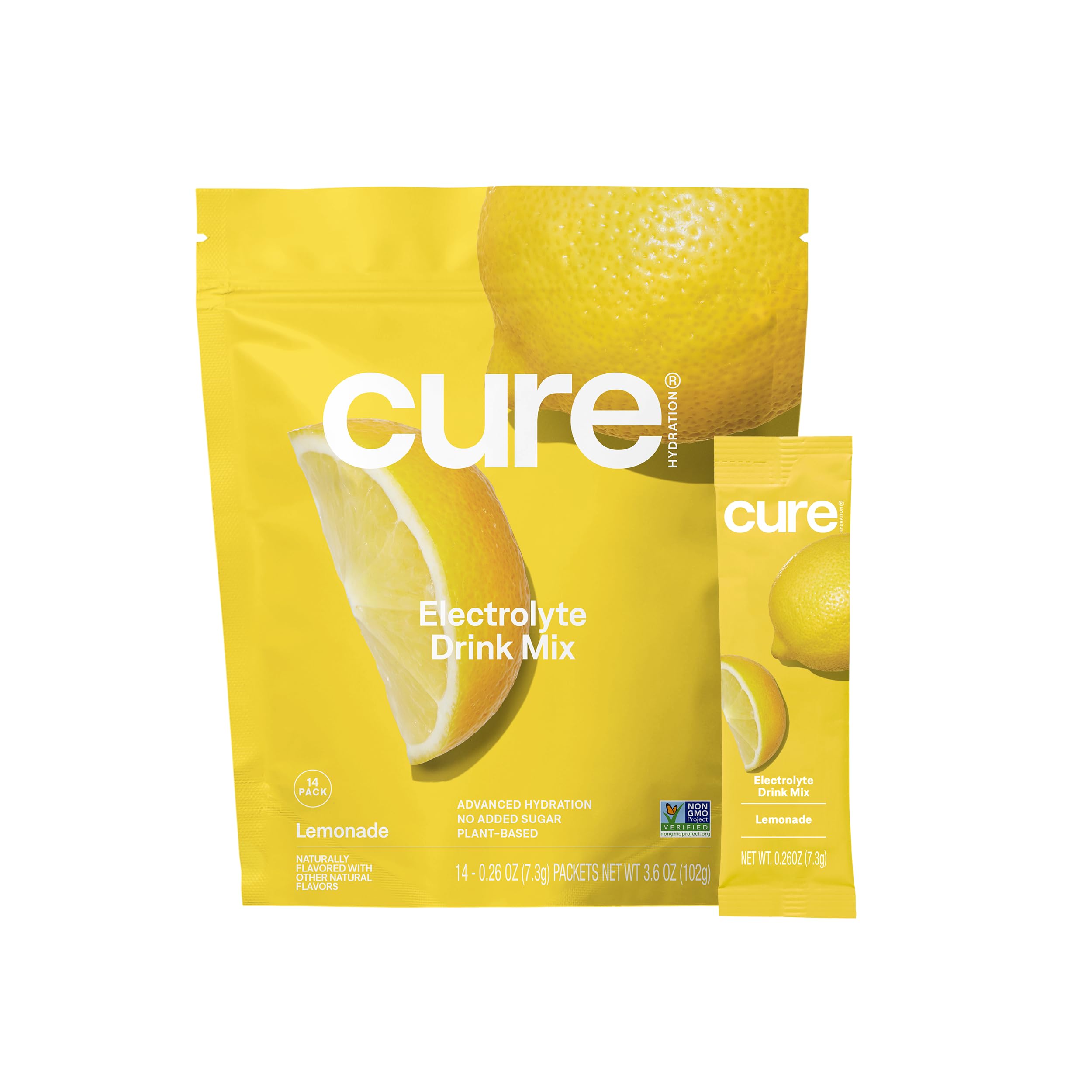 Cure Hydration paquete frontal que muestra sobres y sabor limonada, bebida portable y natural