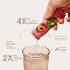 Cure Hydration sobre disuelto en vaso con agua, rápida absorción y sabor tropical