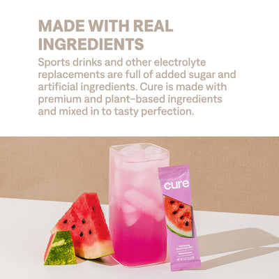 Nutrition facts and ingredient label on Cure Hydration watermelon box