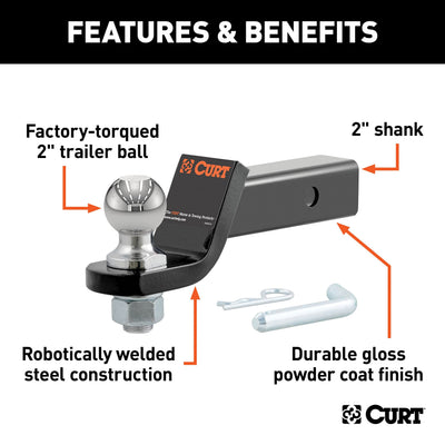 CURT side profile showing 2" drop and 7.5" length, compact clearance