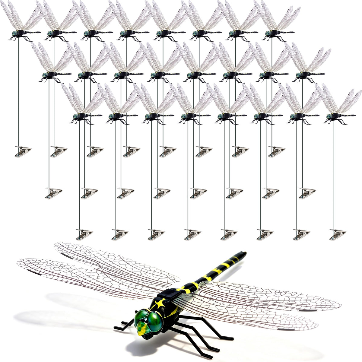 Cushry front packaging showing 24 colorful dragonfly clips for instant decor