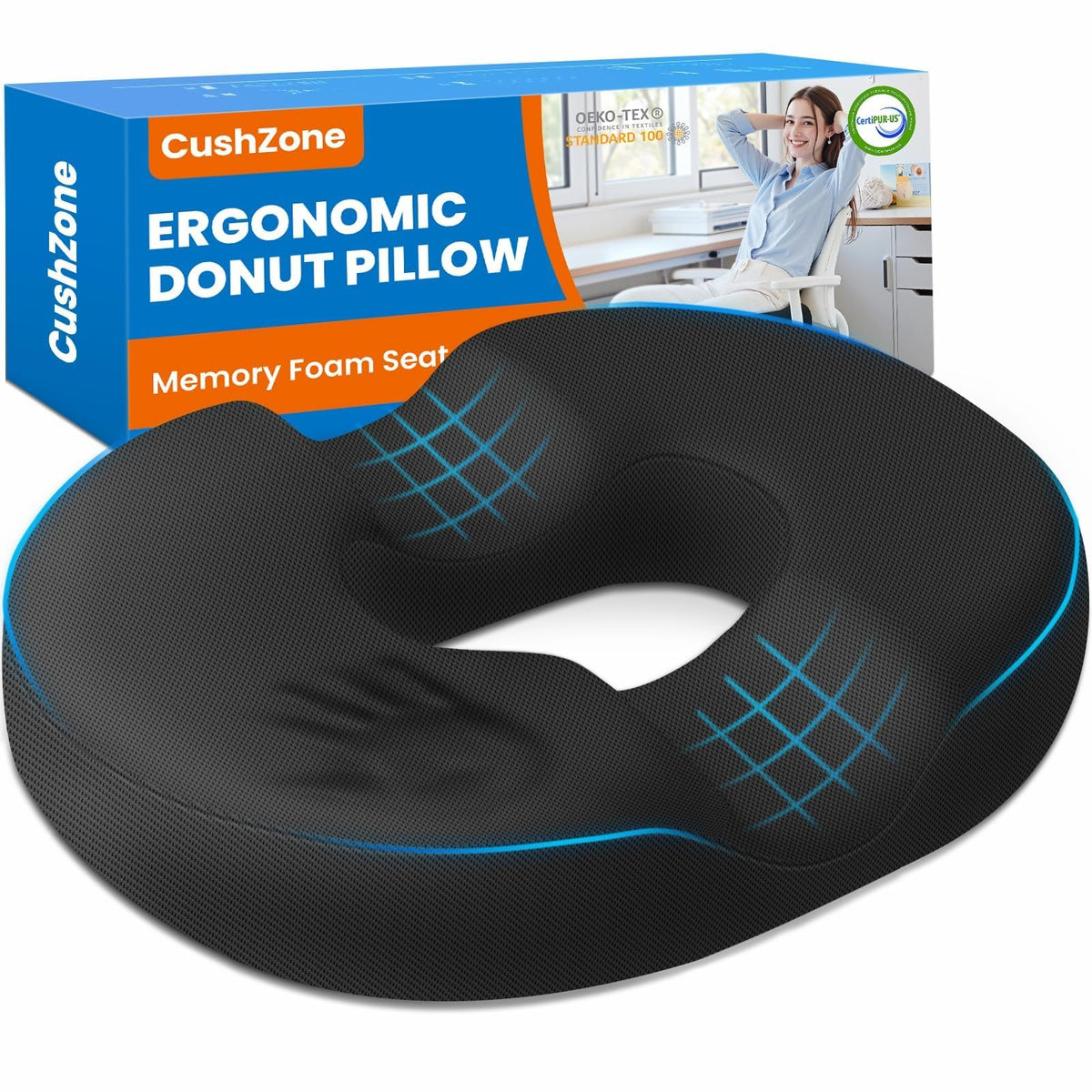 CushZone vista frontal del cojín donut negro y su forma ergonómica