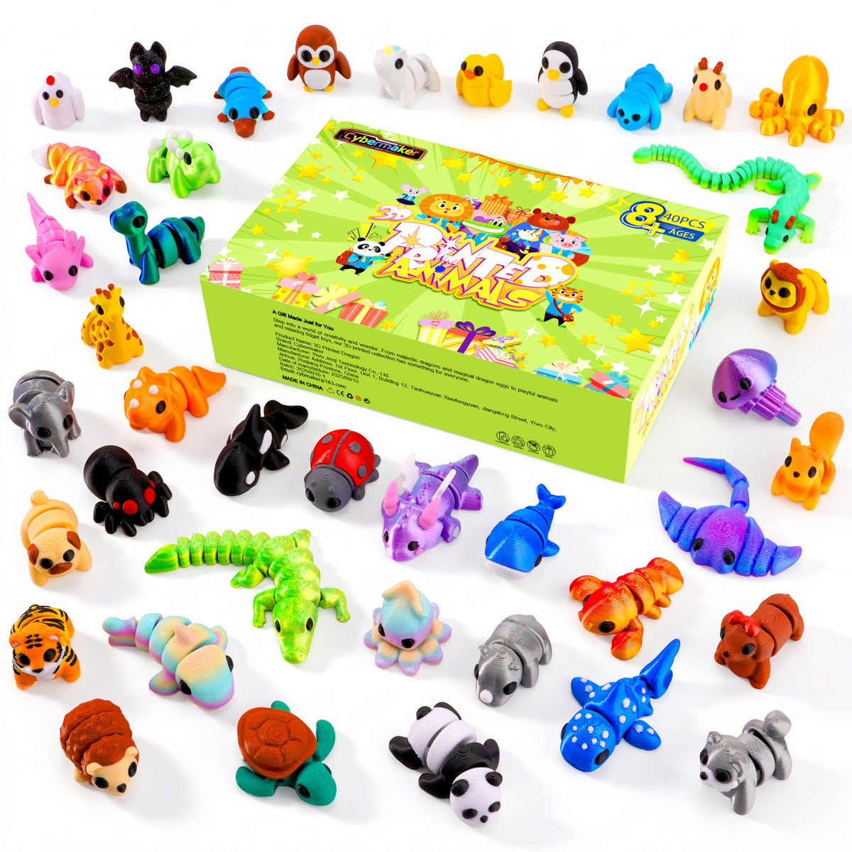 Cybermaker vista frontal del paquete con 40 mini animales, ideal como regalo