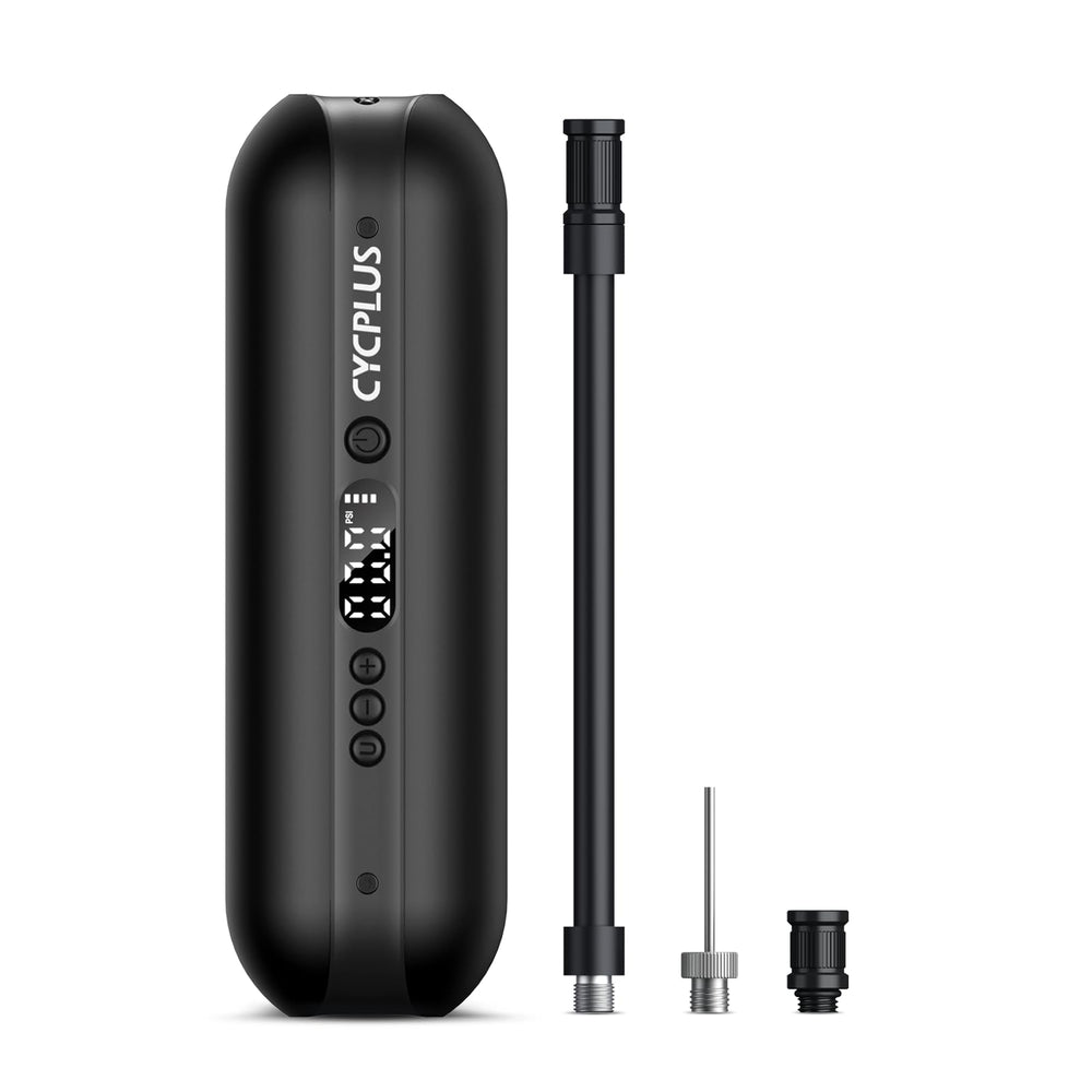CYCPLUS vista frontal del inflador portátil, compacto y fácil de almacenar