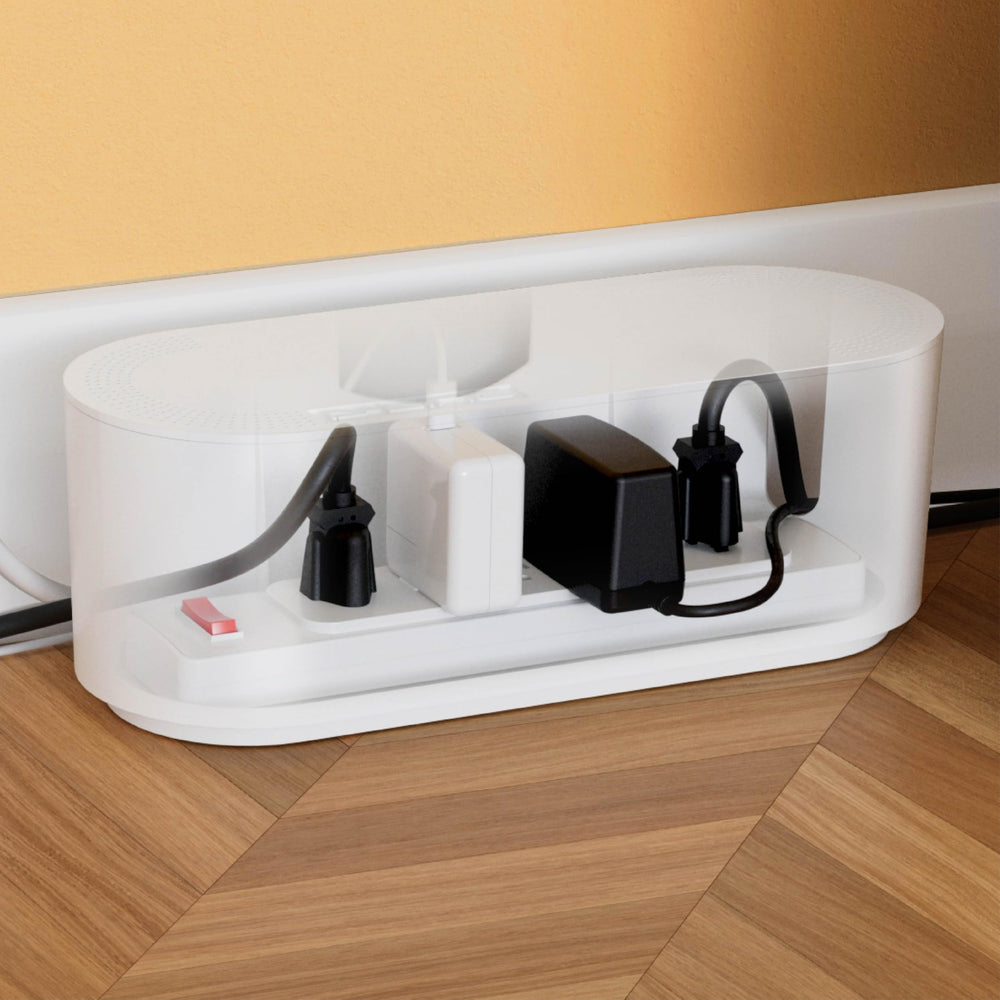 D-Line caja en salón con TV, oculta cables y mejora apariencia