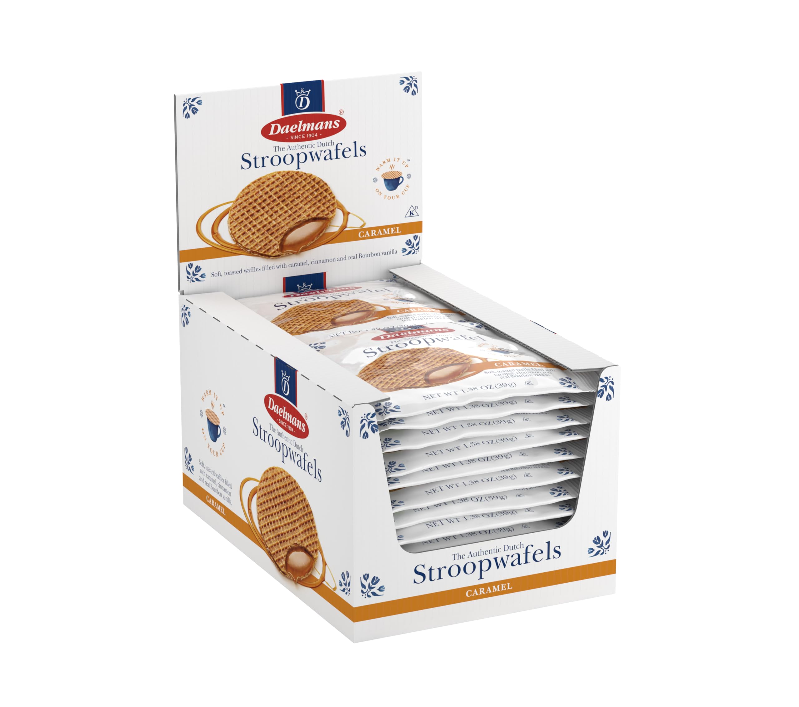 Daelmans empaque frontal mostrando 24 stroopwafels y portabilidad