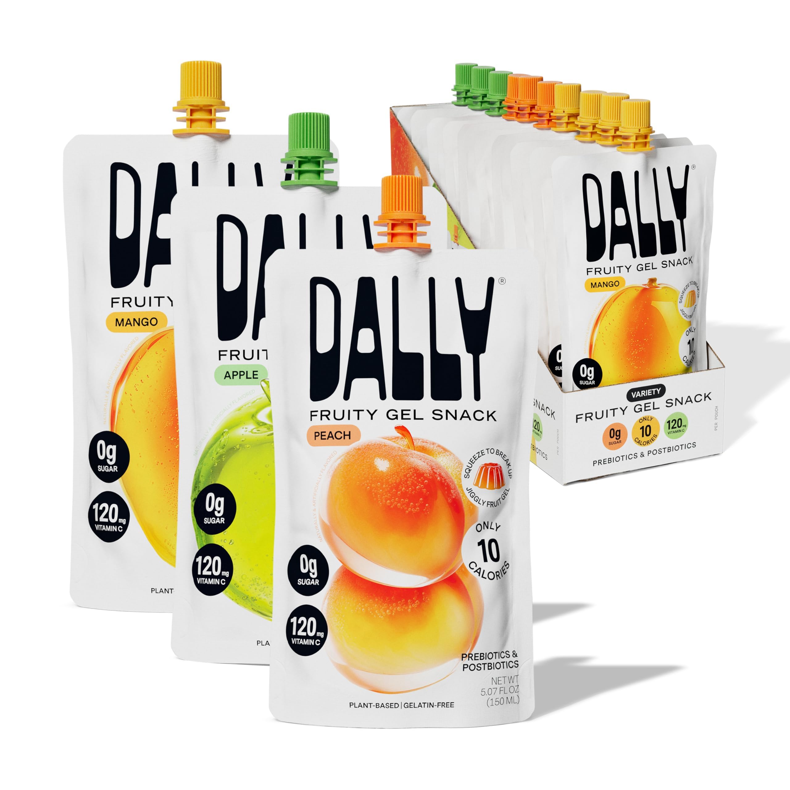DALLY frontal del paquete mostrando 10 pouches y variedad de sabores