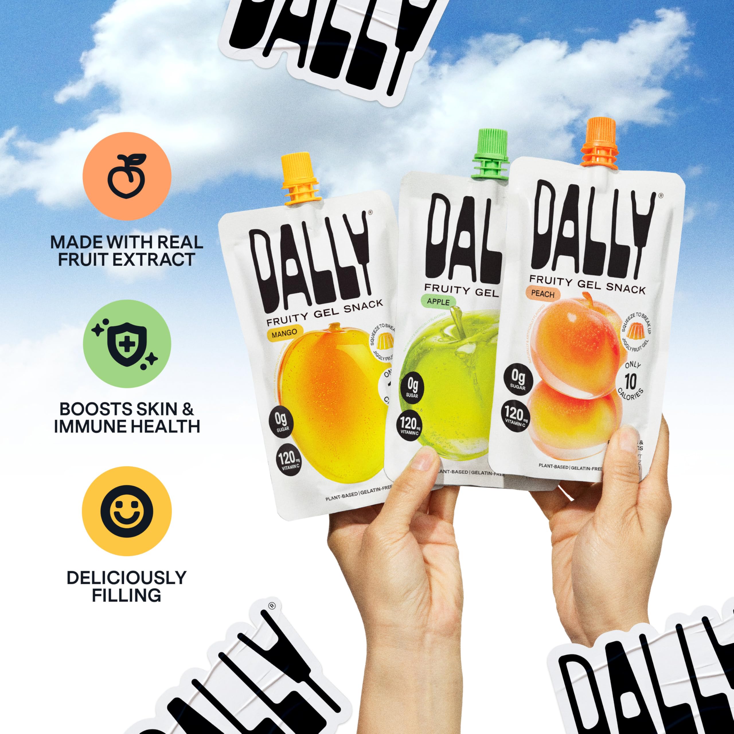 DALLY tres sabores mango melocotón manzana dispuestos para comparar gustos