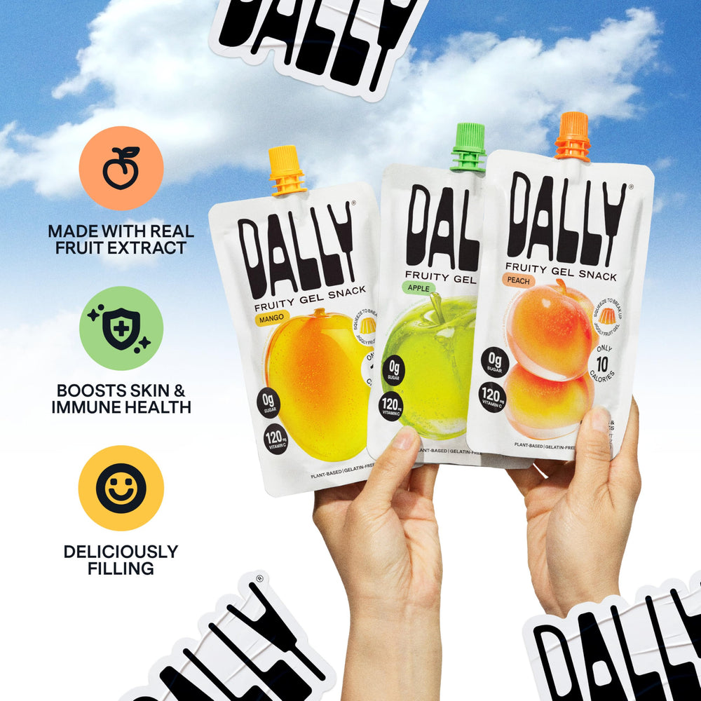 DALLY tres sabores mango melocotón manzana dispuestos para comparar gustos