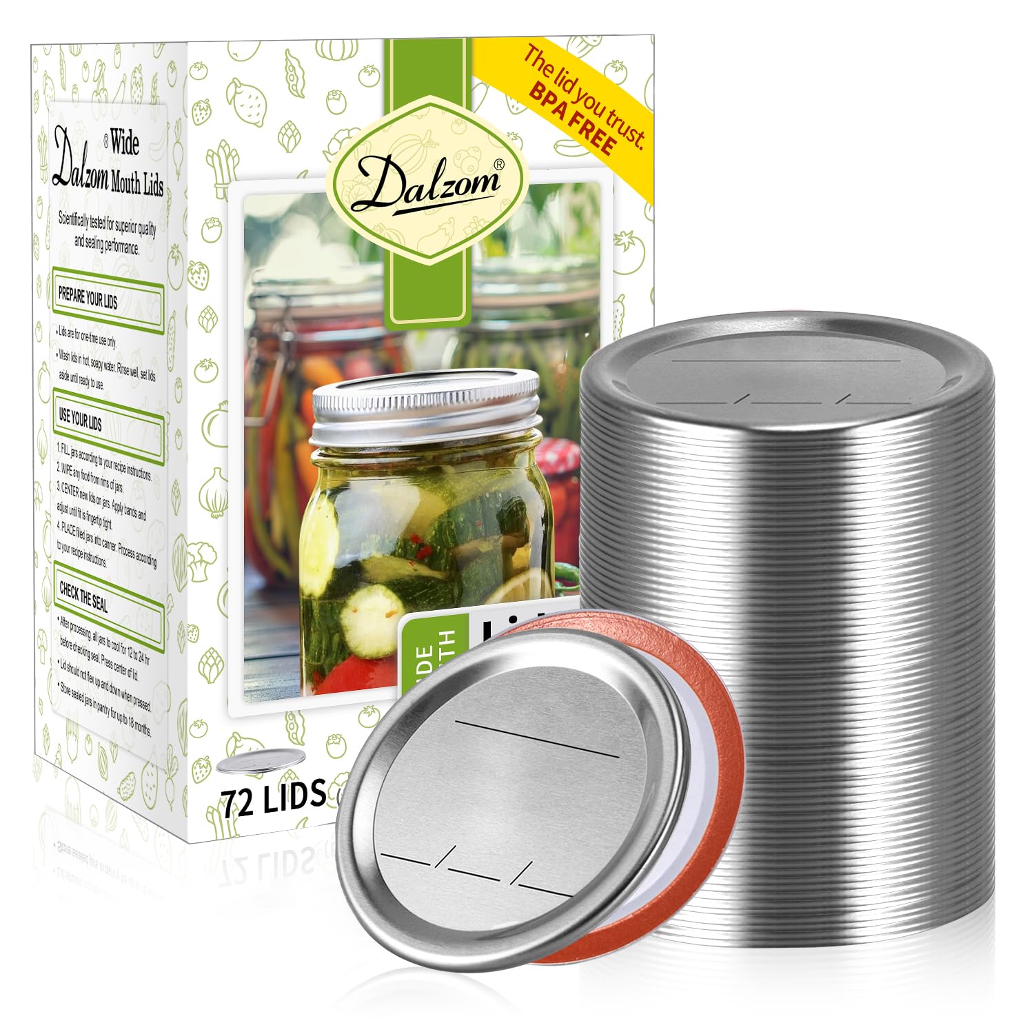 Dalzom pack frontal mostrando 72 tapas, ahorro y compatibilidad