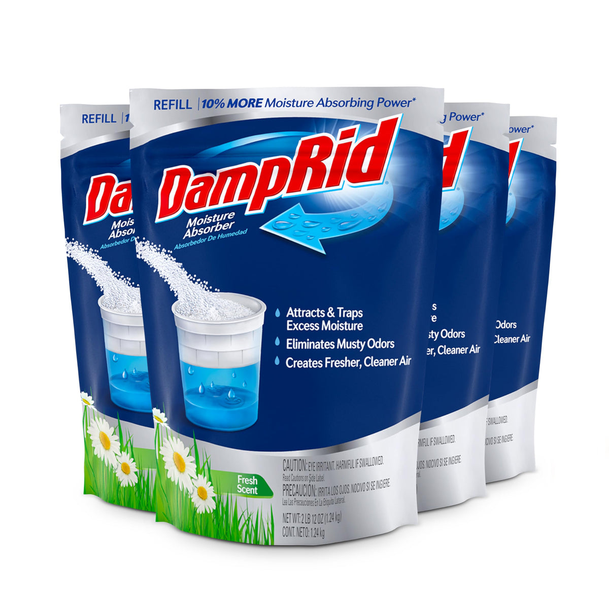 DampRid frente del paquete 44 oz mostrando ventajas prácticas