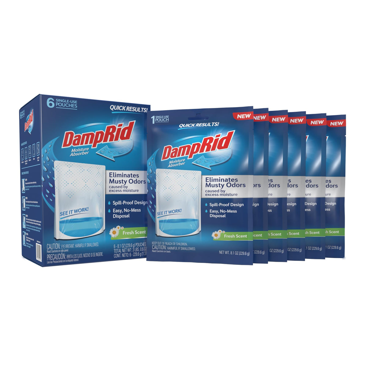 DampRid frente del empaque mostrando seis bolsas y beneficio de protección contra humedad