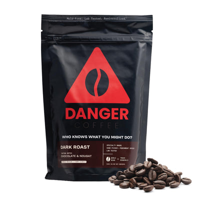 Danger Coffee front packaging showing mold-free seal and brand benefit