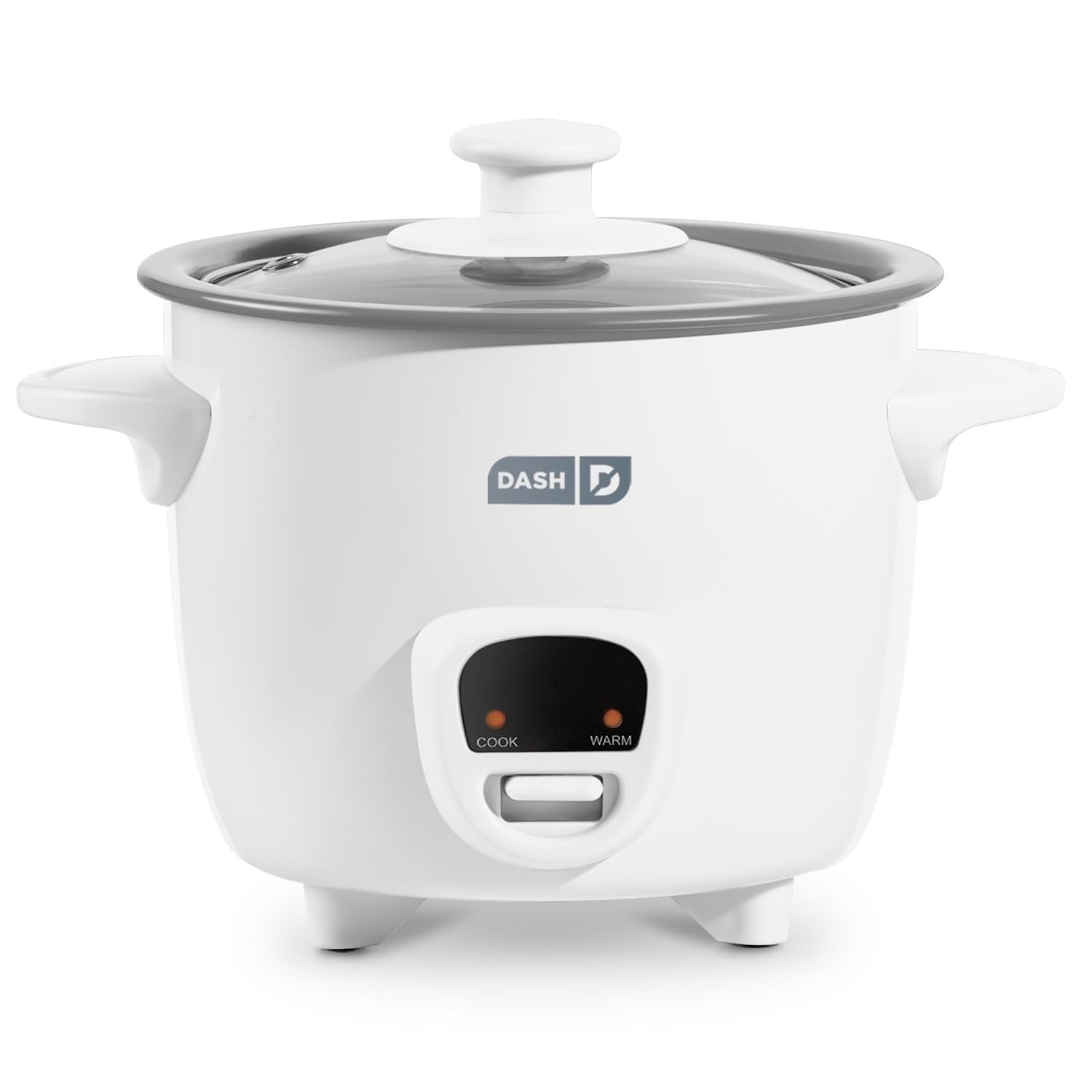 DASH front view of mini rice cooker showing compact profile and white finish for small spaces