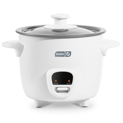 DASH front view of mini rice cooker showing compact profile and white finish for small spaces