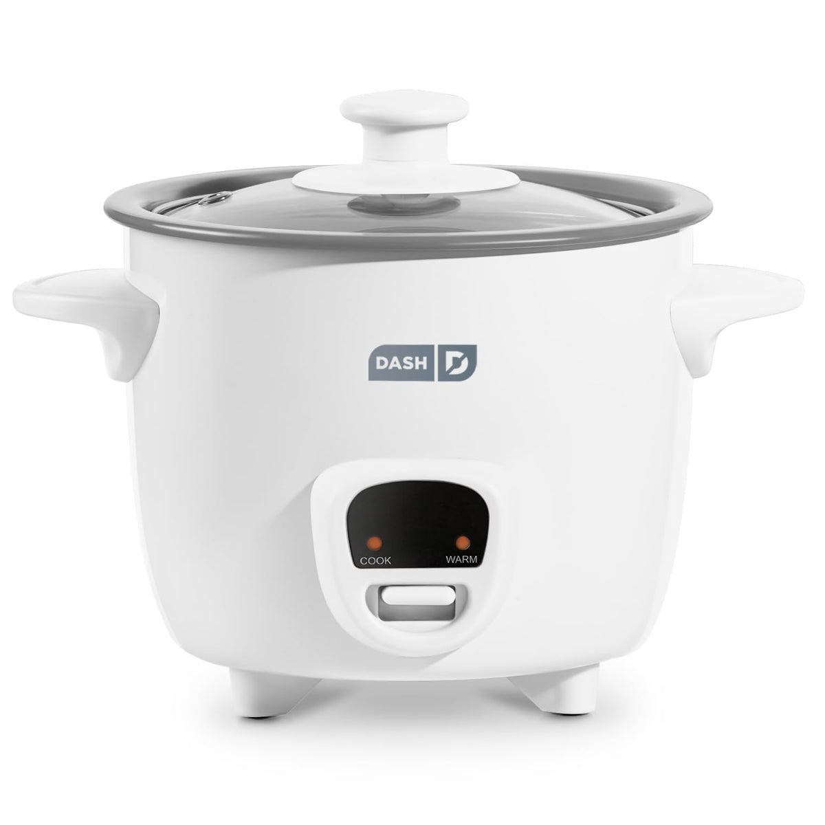 DASH front view of mini rice cooker showing compact profile and white finish for small spaces