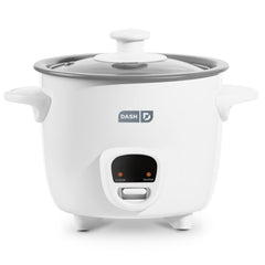 DASH front view of mini rice cooker showing compact profile and white finish for small spaces