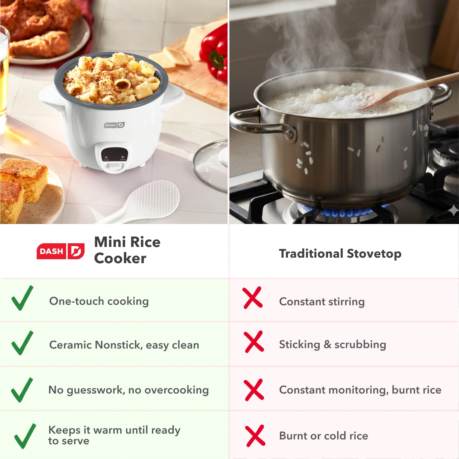 DASH serving fluffy rice with paddle from removable pot for neat portioning and presentation