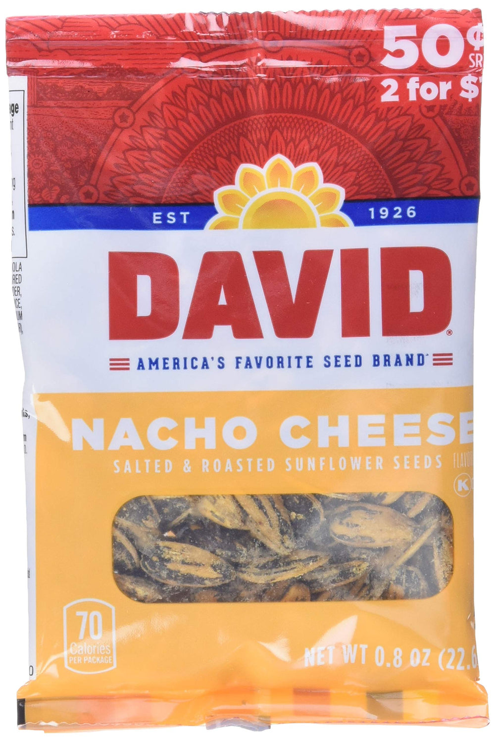 David bolsa frontal de semillas Nacho Cheese mostrando etiqueta y tamaño individual, práctico para llevar