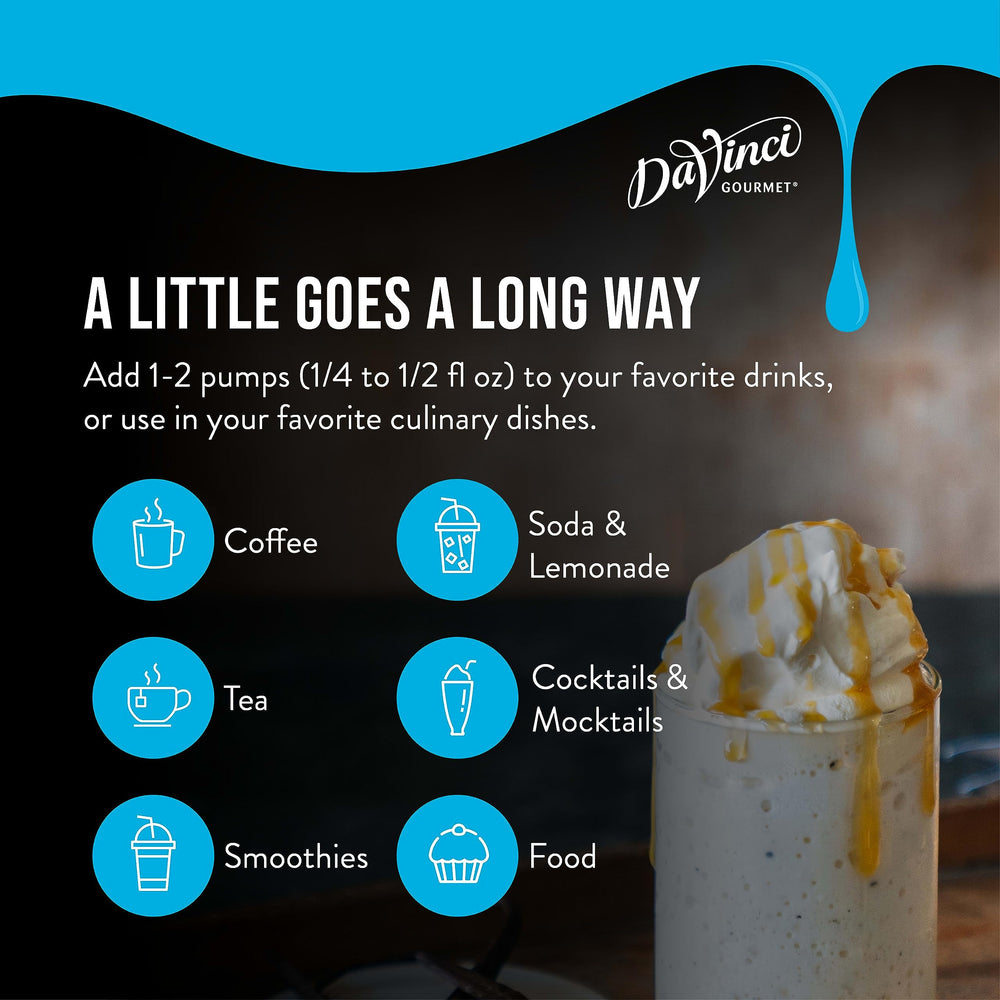DaVinci Gourmet botella junto a taza para mostrar tamaño y rendimiento