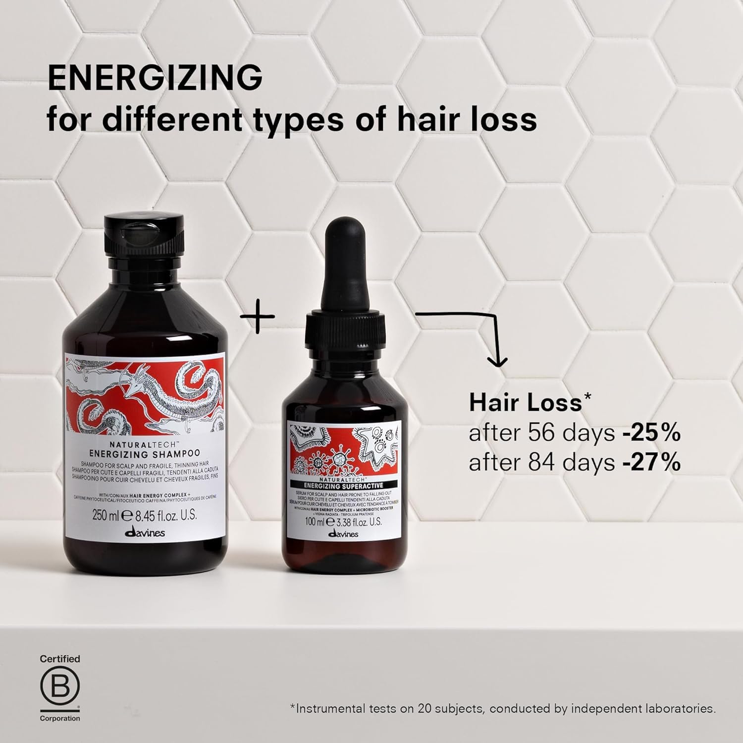 Davines etiqueta con ingredientes clave y beneficios visibles