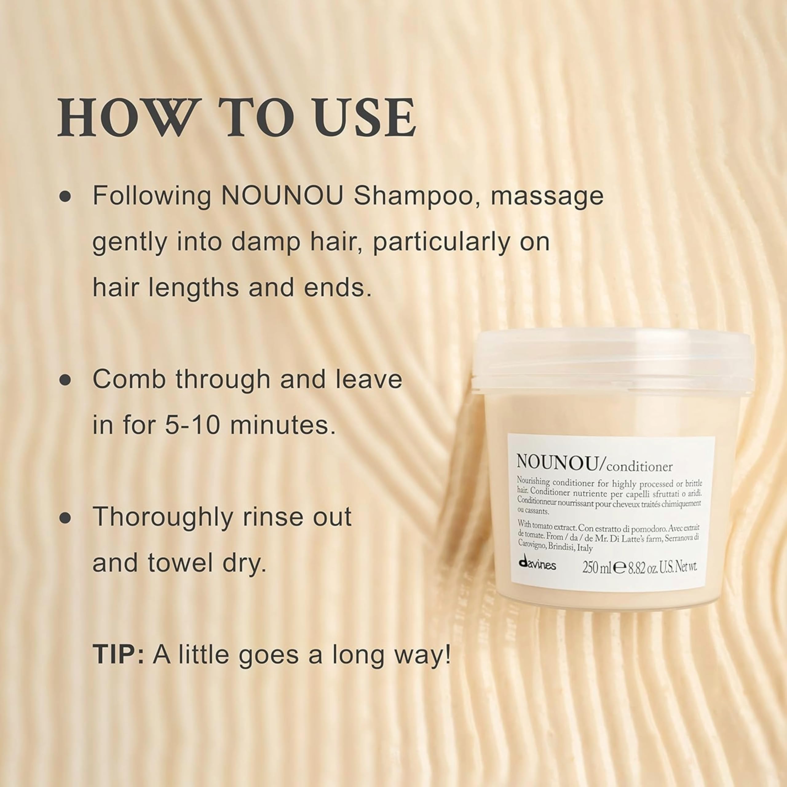 Davines NOUNOU aplicación sobre cabello húmedo facilitando desenredado y suavidad