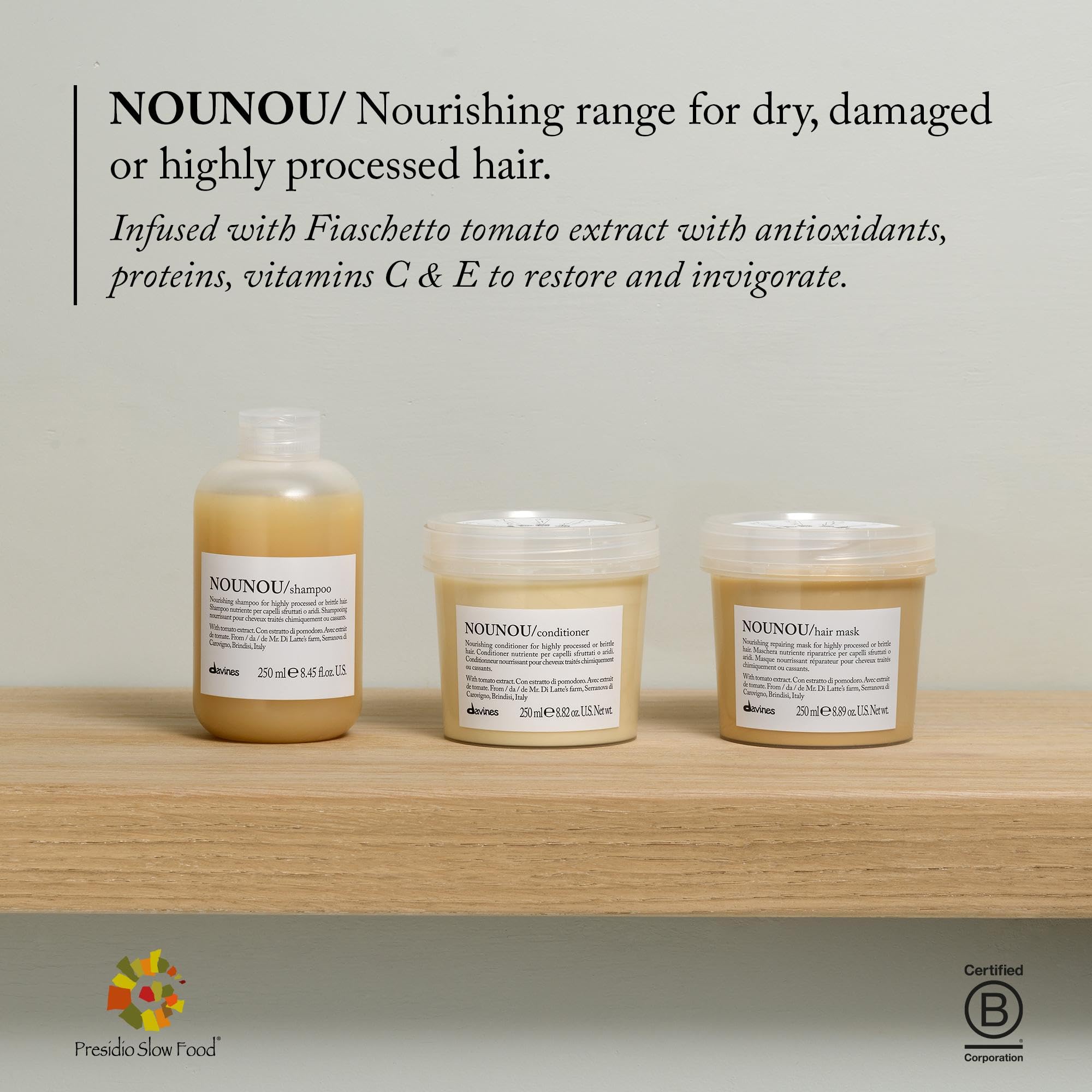Davines NOUNOU antes y después en cabello decolorado mostrando mejora en suavidad