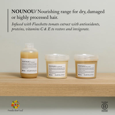 Davines NOUNOU antes y después en cabello decolorado mostrando mejora en suavidad