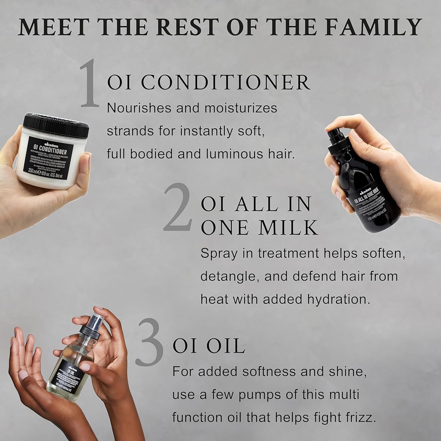 Davines OI before and after on hair showing visible smoothing and gloss