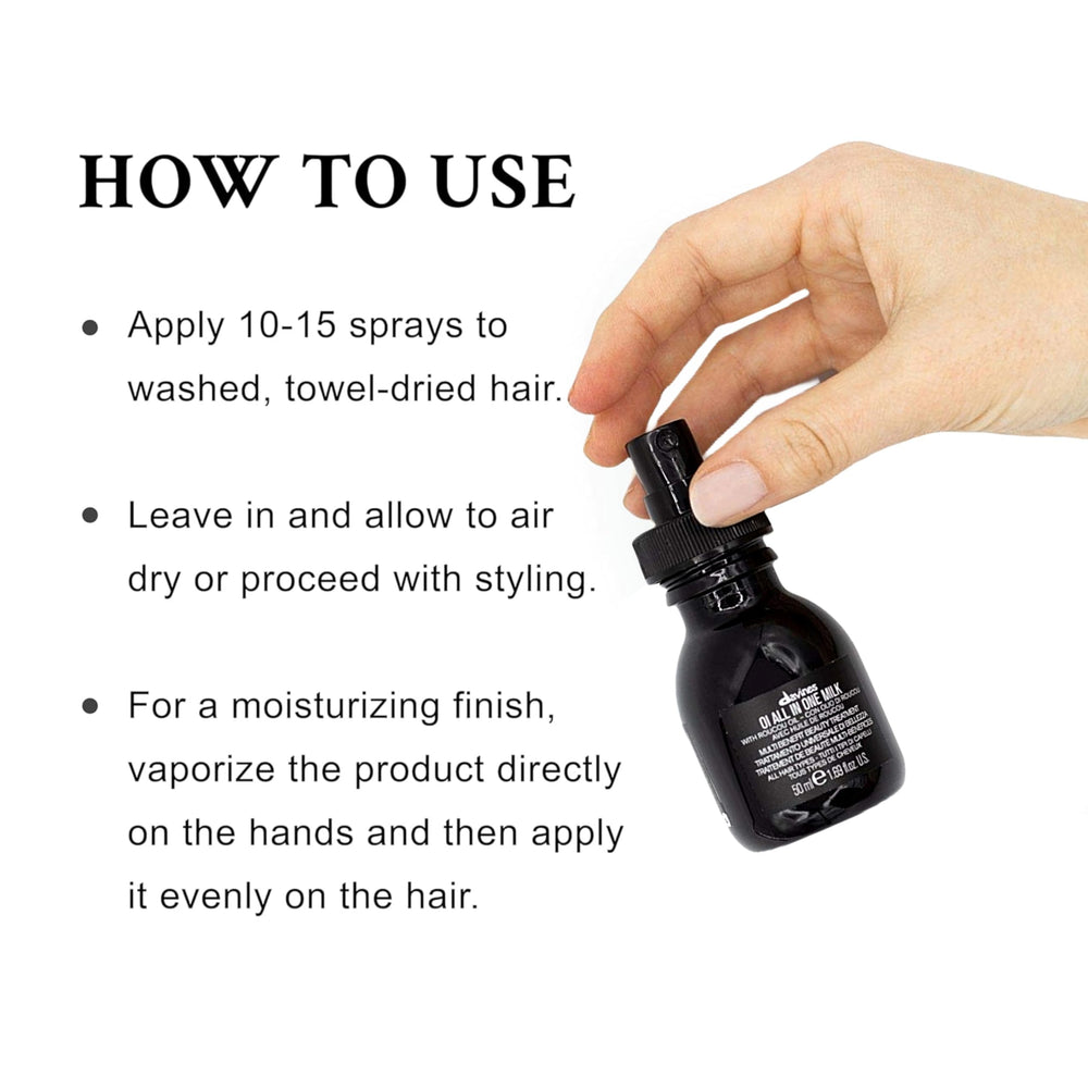Davines OI close-up mist on hair showing smoothing and frizz reduction