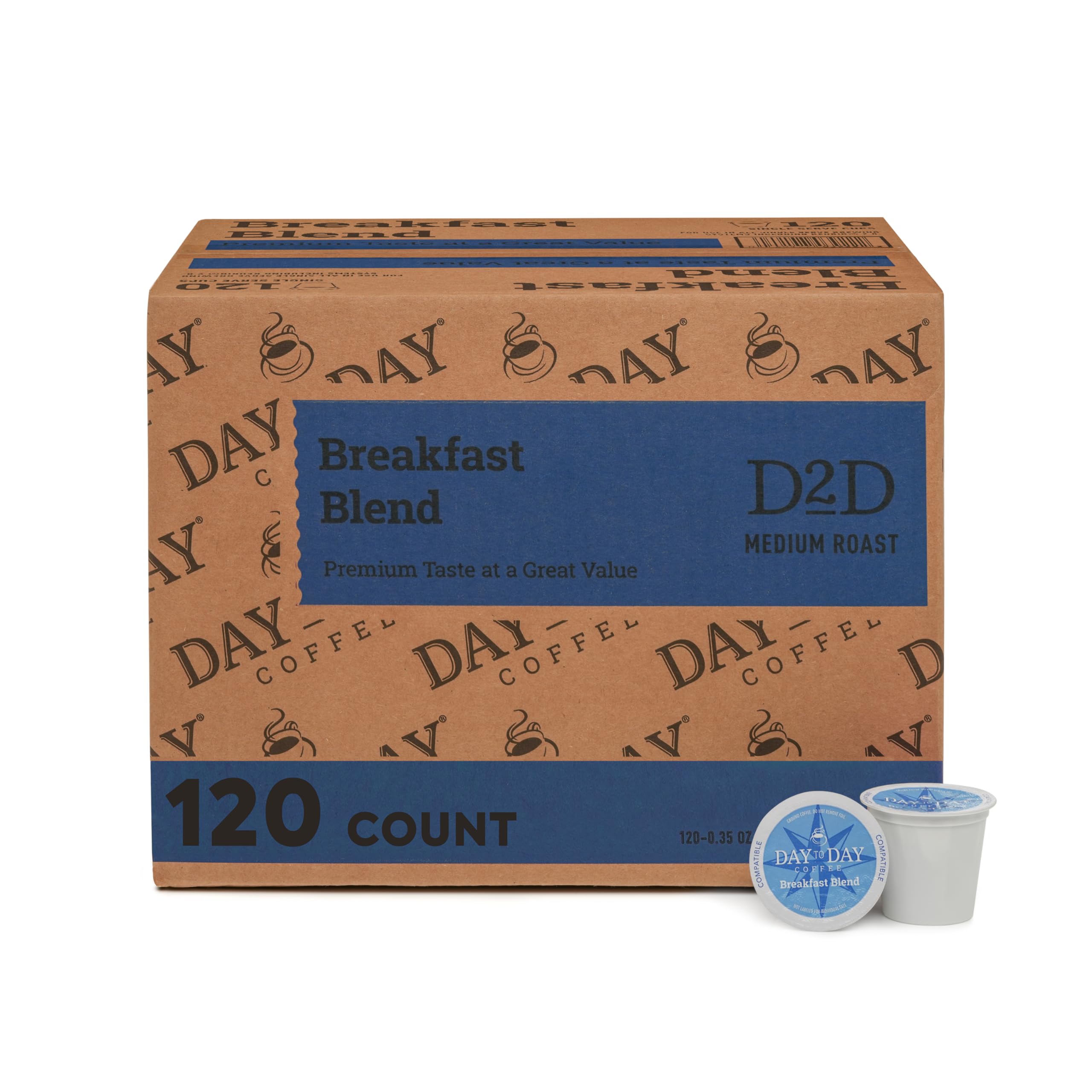 Day To Day Coffee caja frontal mostrando 120 cápsulas y conveniencia