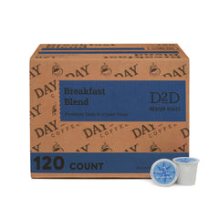 Day To Day Coffee caja frontal mostrando 120 cápsulas y conveniencia