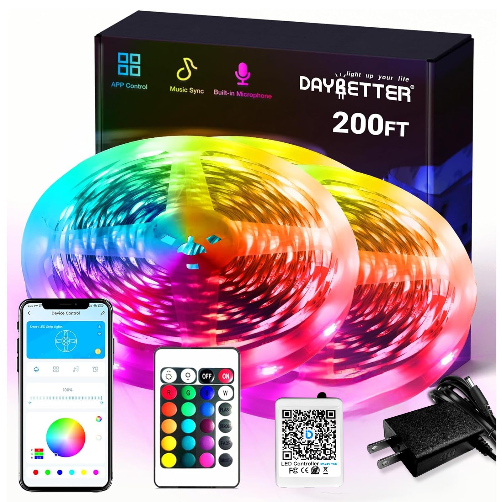DAYBETTER tira LED frontal enrollada mostrando longitud y colores versátiles