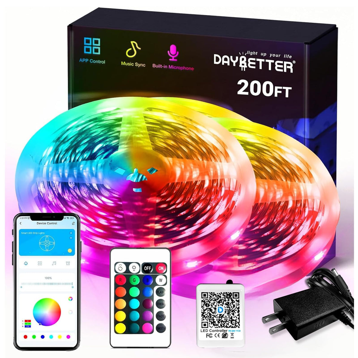 DAYBETTER tira LED frontal enrollada mostrando longitud y colores versátiles