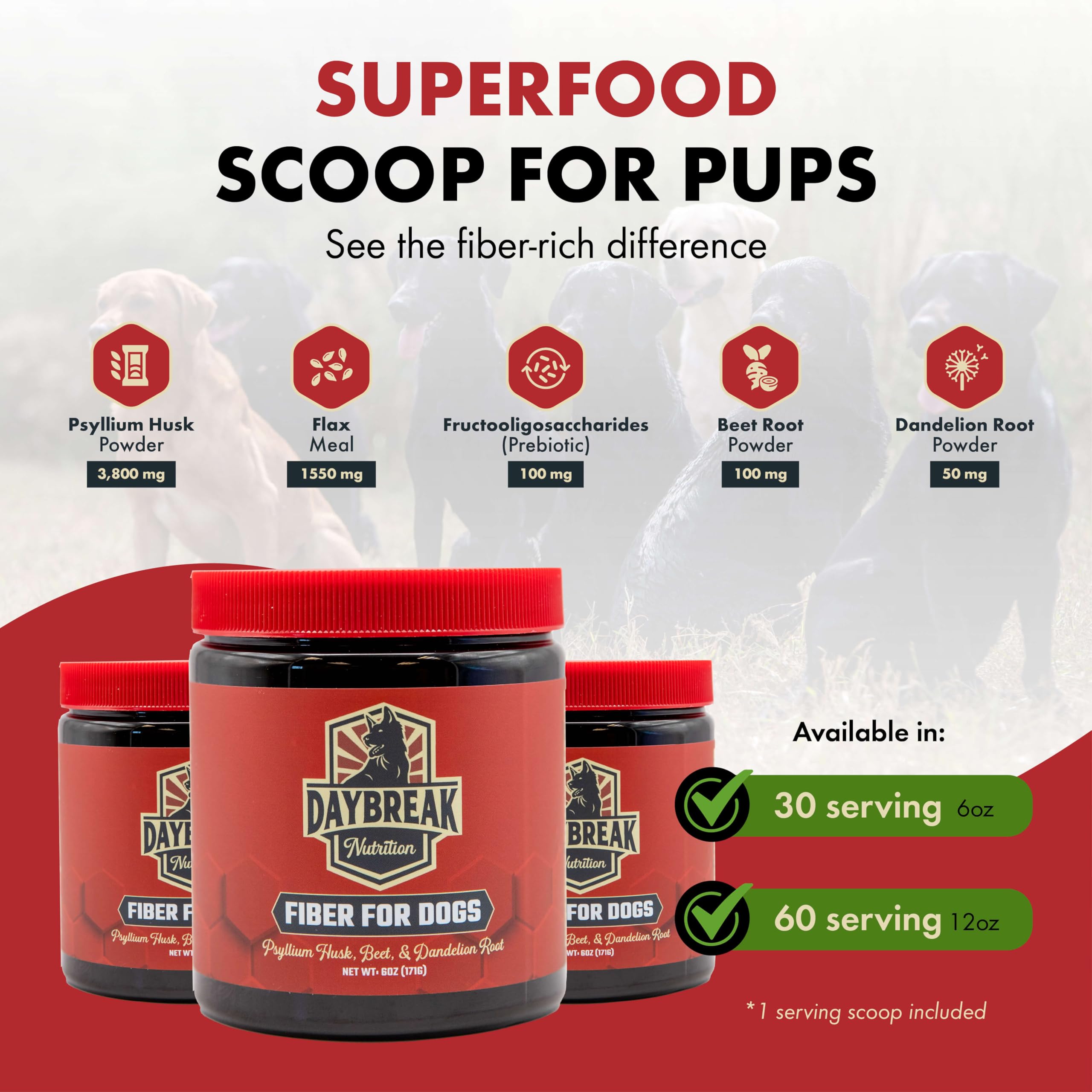 Daybreak Nutrition polvo mezclado en comida para mejor aceptación del perro