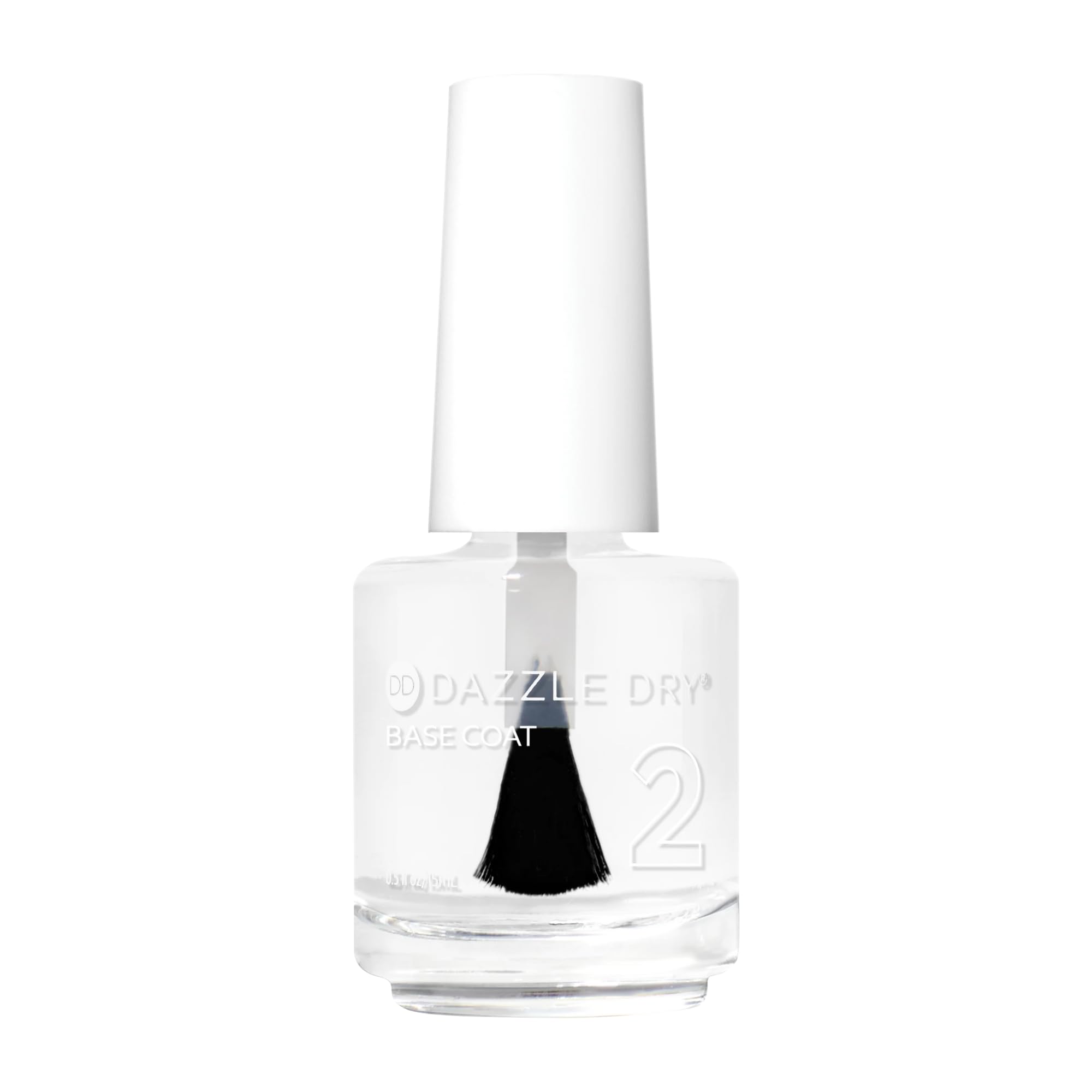 Dazzle Dry base coat frente mostrando envase claro y aplicación precisa