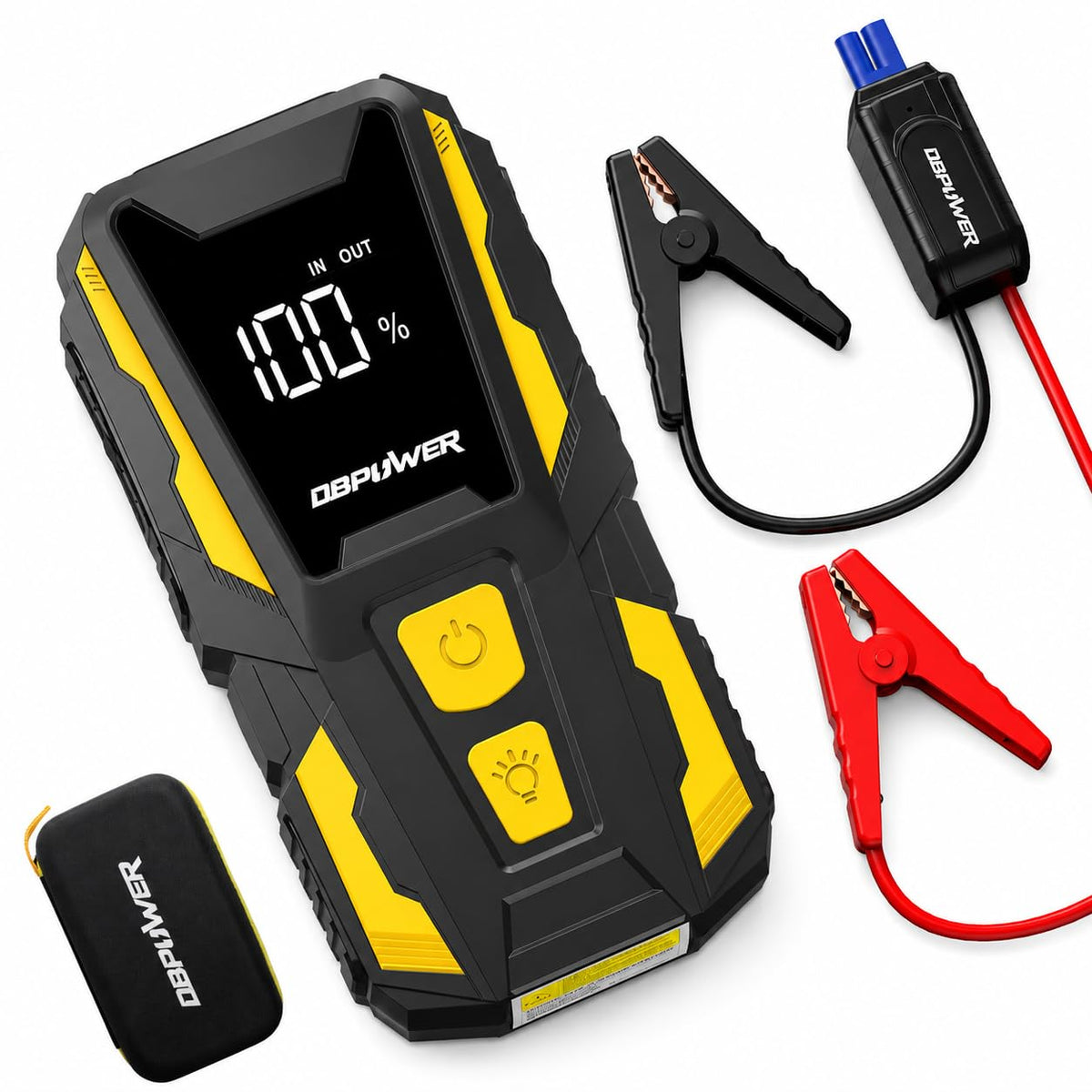 DBPOWER front view showing compact jump starter and clear branding with portability benefit