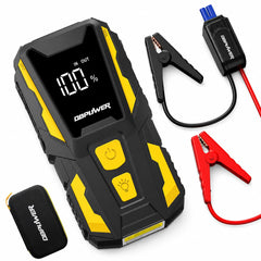 DBPOWER front view showing compact jump starter and clear branding with portability benefit