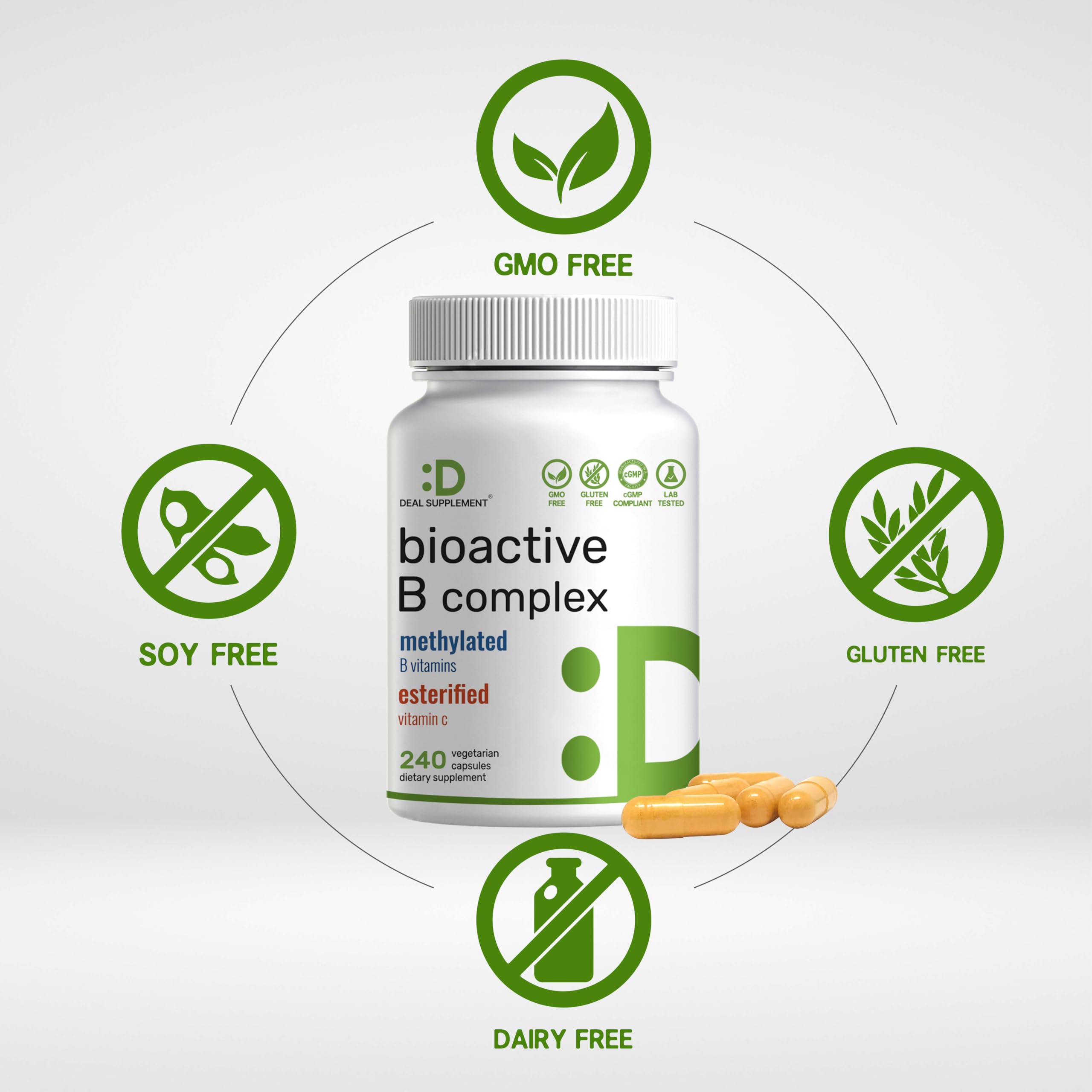 DEAL SUPPLEMENT tabla de ingredientes mostrando formas methyladas y dosis por porción