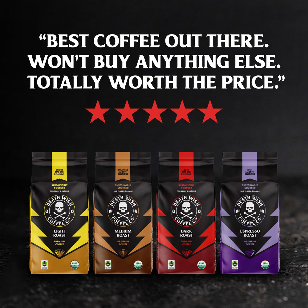 Death Wish Coffee textura del café molido resaltando cuerpo y aroma