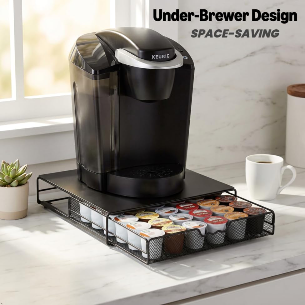 Deco Brothers cajón colocado bajo cafetera Keurig para ahorro de espacio